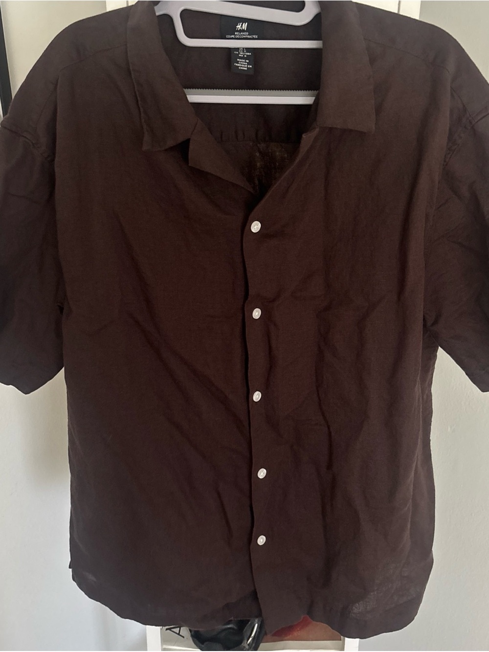H&M Dark Brown Relaxed Fit Short-Sleeve Button-Down Shirt Linen/Cotton